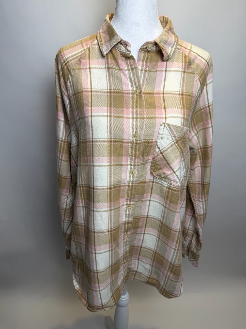 Eddie Bauer Plaid Button-Down Shirt in Pink, Tan & White- Cotton & Lyocell Blend